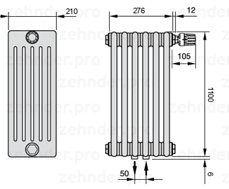 Схема (чертеж) Радиатор Zehnder Charleston 6110/6 №V008 Белый глянцевый RAL 9016
